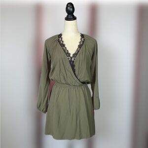 Express Olive Green Faux Wrap Top Dress With Elastic Waist & Lace Trim (Size: S)